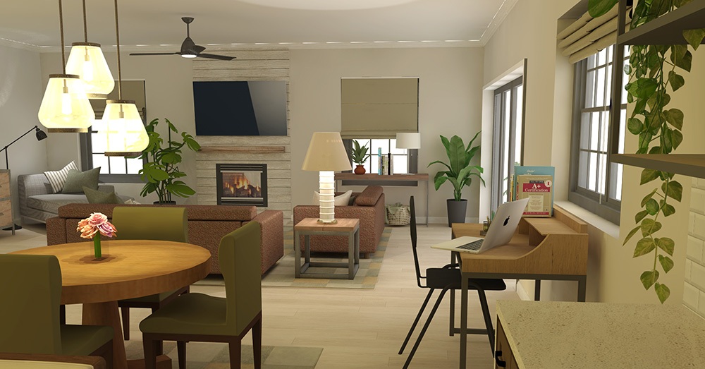 312 Emerson St. Living Room and Dining Room Perspective Render in SketchUp 1000x523